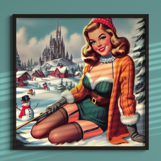 Poster Jolie épinglette rétro hiver pin-up