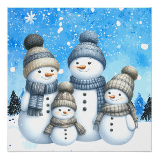 Poster Jolie famille des bonhomme de neige dans la neige
