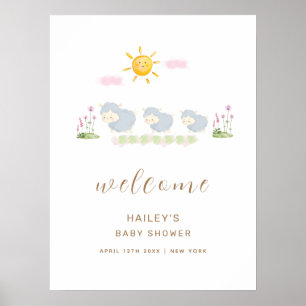 Poster Jolie famille mouton jardin Bienvenue Baby Shower