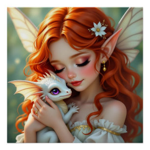 Poster Jolie fée aux cheveux roux avec dragon