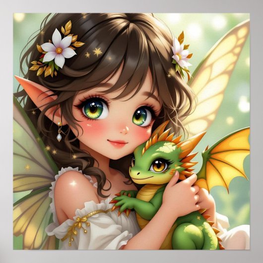 Poster Jolie fée d'anime et dragon Chibi (Devant)