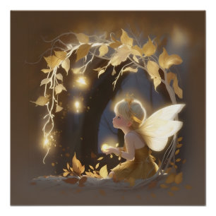 Poster Jolie fée d'automne avec des fleurs lumineuses