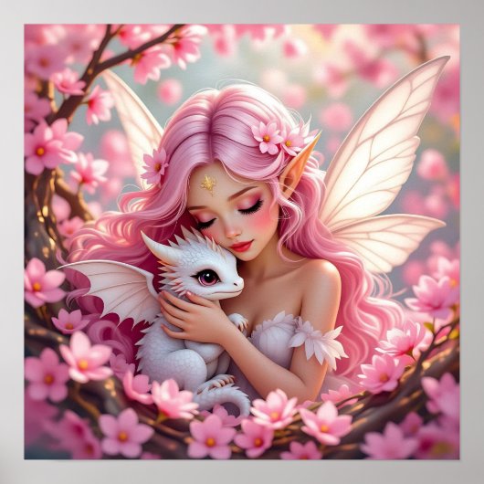 Poster Jolie fée elfe rose et dragon (Devant)