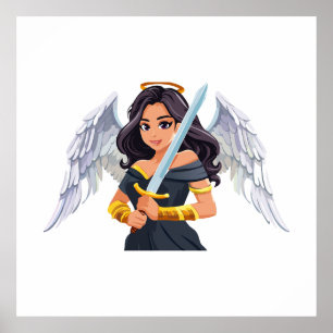 Poster Jolie femme Ange aux ailes ouvertes et épée