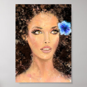 Poster Jolie femme avec fleur bleue - Peinture originale 