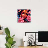 Poster Jolie femme de couleur aux fleurs roses (Bureau à domicile)