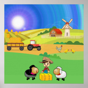 Poster Jolie ferme, moutons et poussins