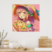 Poster Jolie fille Anime tenant une pizza (Cuisine)