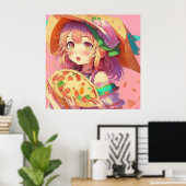 Poster Jolie fille Anime tenant une pizza (Bureau à domicile)