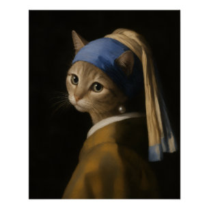 Poster Jolie Fille au Chat au Collier de Perle Dessin Ani