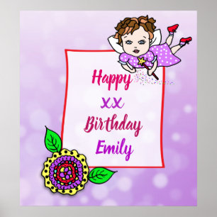 Poster Jolie Fille aux Cheveux Bruns Fée Joyeux Anniversa