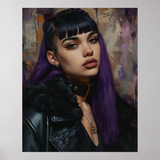 Poster Jolie Fille aux Cheveux Violets (Devant)