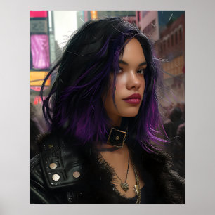 Poster Jolie Fille aux Cheveux Violets