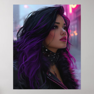 Poster Jolie Fille aux Cheveux Violets