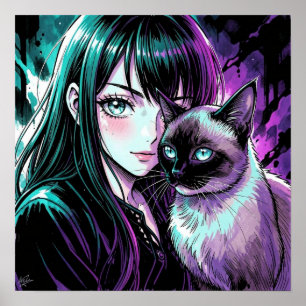 Poster Jolie Fille d'Anime et Chat Siamois