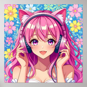 Poster Jolie fille d'anime rose avec casque audio