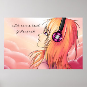 Poster Jolie fille de dessin animé écoutant l'affiche de