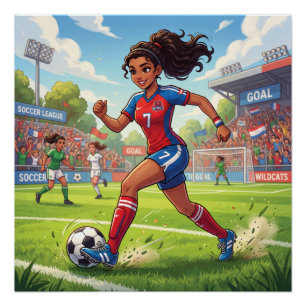 Poster Jolie Fille de Dessin Animé Jouant au Football