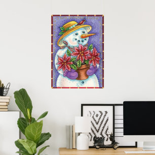 Poster Jolie fille de Noël Snowman avec Poinsettia