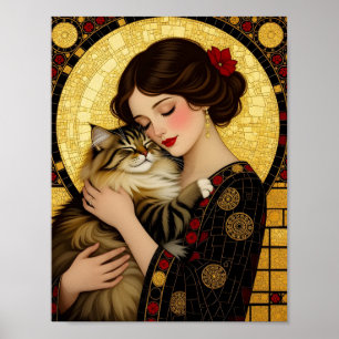 Poster Jolie Fille et Chat Mignon Art Nouveau Gustav Klim