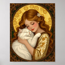 Jolie Fille étreint Chat Blanc Fluffy Art Nouveau