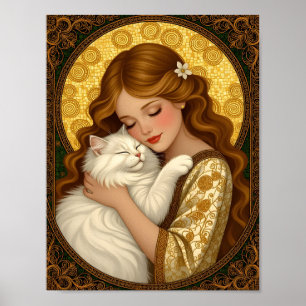 Poster Jolie Fille étreint Chat Blanc Fluffy Art Nouveau