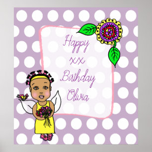 Poster Jolie Fille Fée Afro-Américaine Joyeux Anniversair
