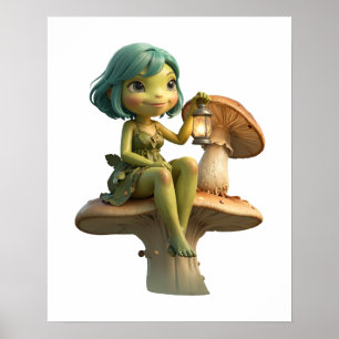 Poster Jolie Fille Grenouille avec Lanterne sur Champigno