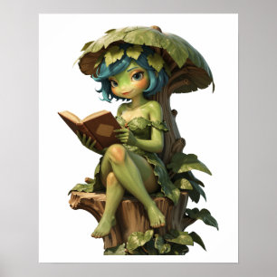 Poster Jolie Fille Grenouille Lisant un Livre Sous une Fe