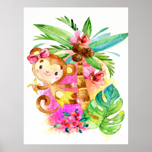 Poster Jolie fille singe grimpant à l'arbre
