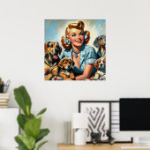 Poster Jolie fille vintage avec chiots (Bureau à domicile)