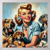 Poster Jolie fille vintage avec chiots (Devant)