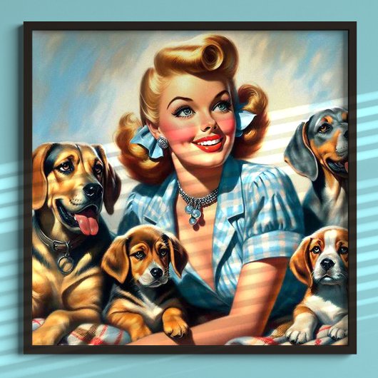 Poster Jolie fille vintage avec chiots