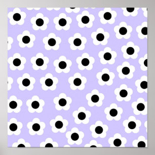 Poster Jolie fleur noire et blanche sur fond bleu