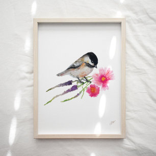 Poster Jolie Fleurs d'Oiseaux de Chickadee Imprimer