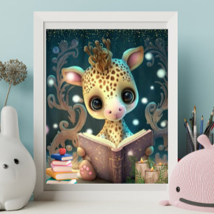 Poster Jolie girafe lisant un livre Art pour la nurserie