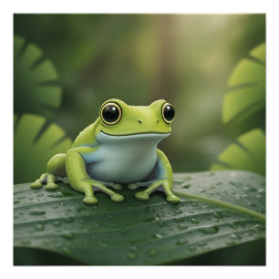 Poster Jolie grenouille verte sur feuille