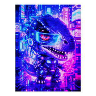 Poster Jolie illustration cyberpunk d'un dinosaure en vil