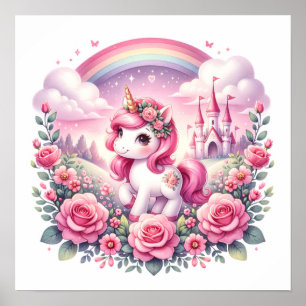 Poster Jolie Licorne Rose et Château de Conte de Fées