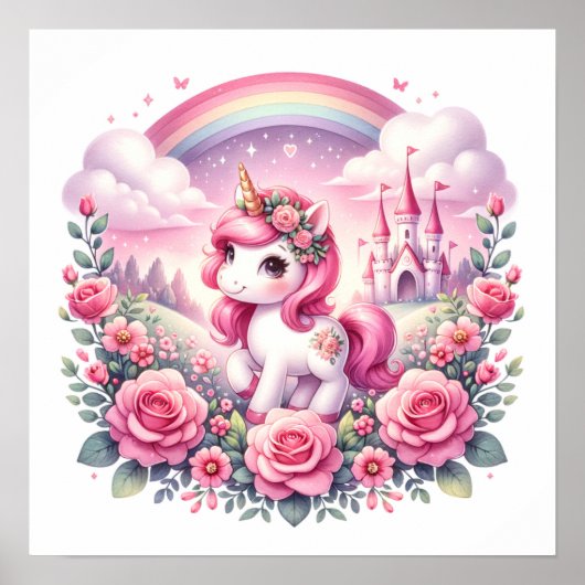 Poster Jolie licorne rose et château de conte de fées  (Devant)