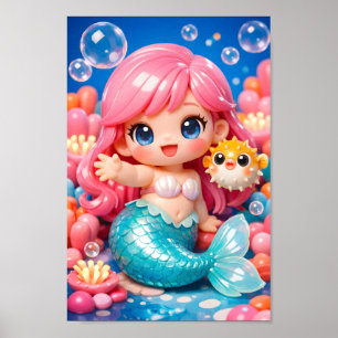 Poster Jolie mermaid chibi avec un ami poisson-globe mer