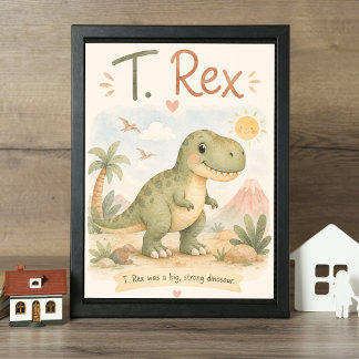Poster Jolie nurserie aquarelle de T. Rex dinosaure
