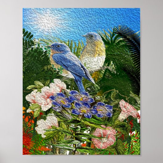 Poster Jolie peinture à l'huile 2 oiseaux entre les fleur (Devant)