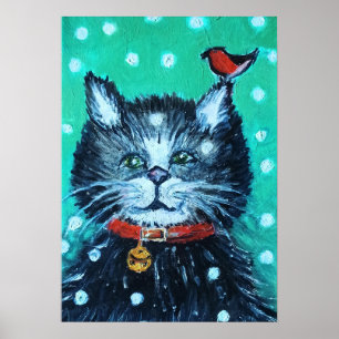 Poster Jolie peinture à l'huile de chat avec carte de vœu