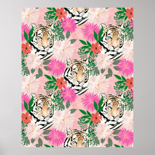 Poster Jolie peinture florale de tigre rose blanc (Devant)