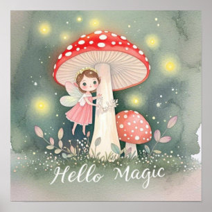Poster Jolie petite fée perchée sur un champignon