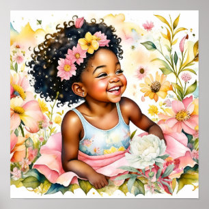 Poster Jolie petite fille en Fleurs roses Aquarelle Art