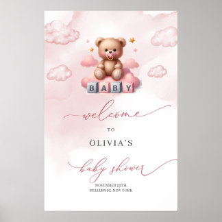 Poster Jolie petite fille ourson en peluche sur le nuage