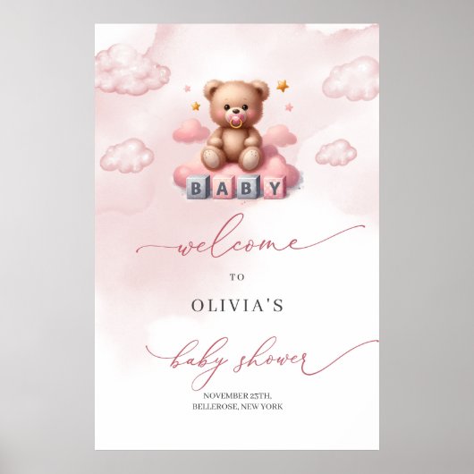 Poster Jolie petite fille ourson en peluche sur le nuage (Devant)