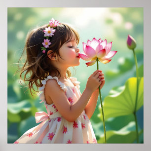 Poster Jolie petite fille sentant une rose rose